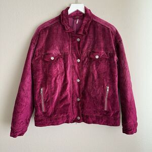 Free People Bomber‎ Trucker Jacket Velvet Magenta Oversized XS